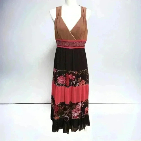 Robbie Bee Women’s Dress Sz 8 V-Neck Maxi Dress Brown and Coral Floral Dress - Picture 2 of 8